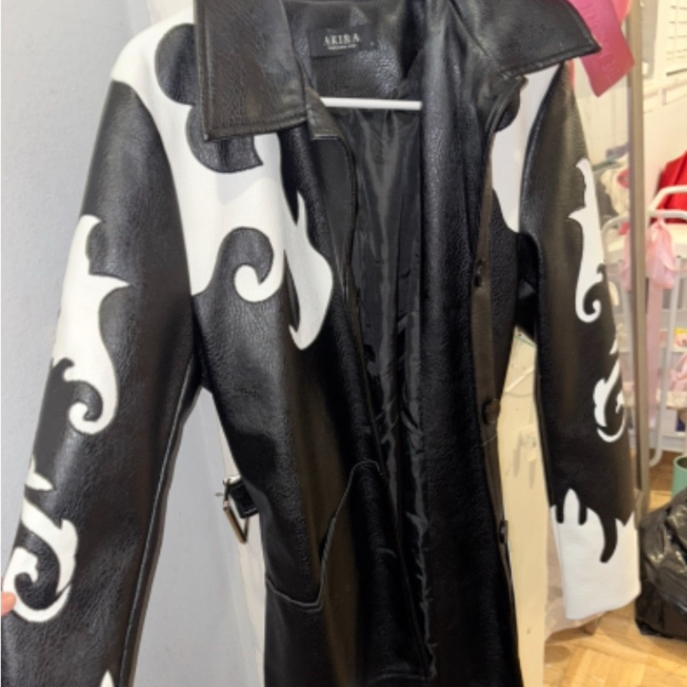 AKIRA Black and White Swirl Pattern Leather Coat